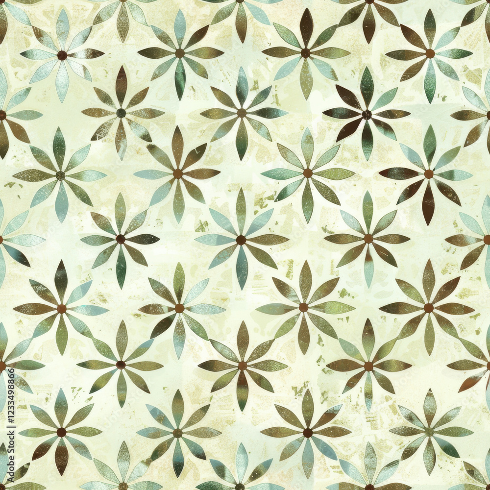 Floral pattern with green and brown leaves on light background, creating serene and calming atmosphere. Perfect for home decor or textile design Floral pattern with green and brown leaves on light background, creating serene and calming atmosphere. Perfect for home decor or textile design