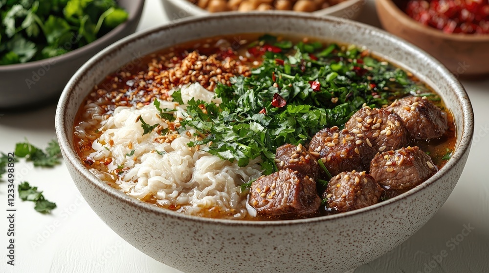 A delicious bowl of spicy meatball soup with rice and fresh herbs in a cozy kitchen A delicious bowl of spicy meatball soup with rice and fresh herbs in a cozy kitchen