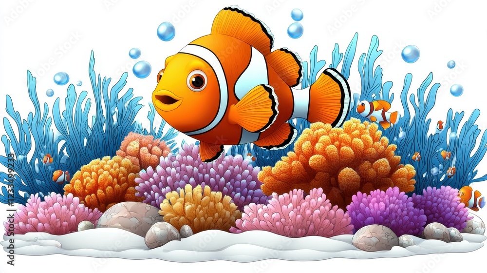 Obraz premium A colorful clownfish swimming among vibrant coral reefs.