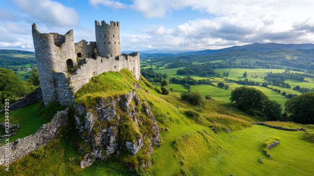 A medieval castle on a hilltop, with stone walls and turrets overlooking a green valley A medieval castle on a hilltop, with stone walls and turrets overlooking a green valley