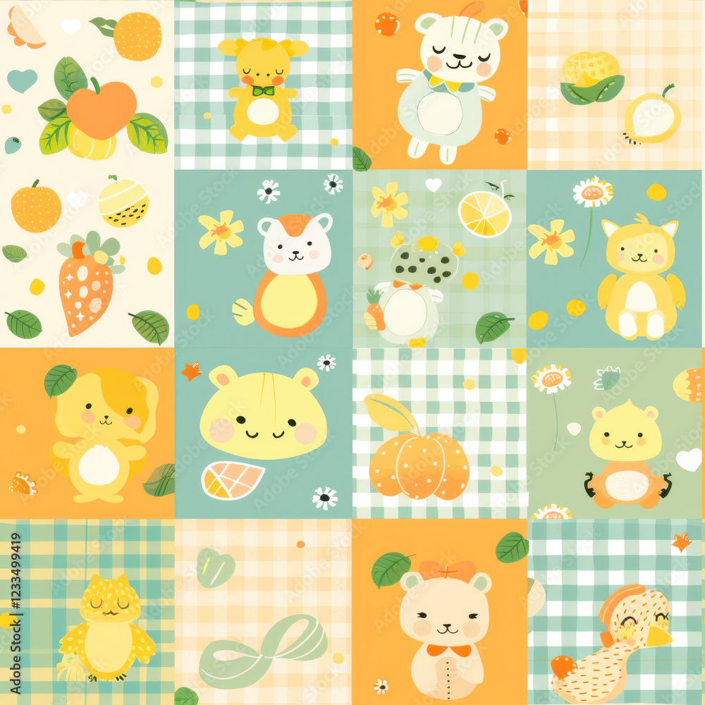 Cute animal patterns in pastel colors featuring bears, cats, and fruits. Perfect for children decor or playful designs Cute animal patterns in pastel colors featuring bears, cats, and fruits. Perfect for children decor or playful designs