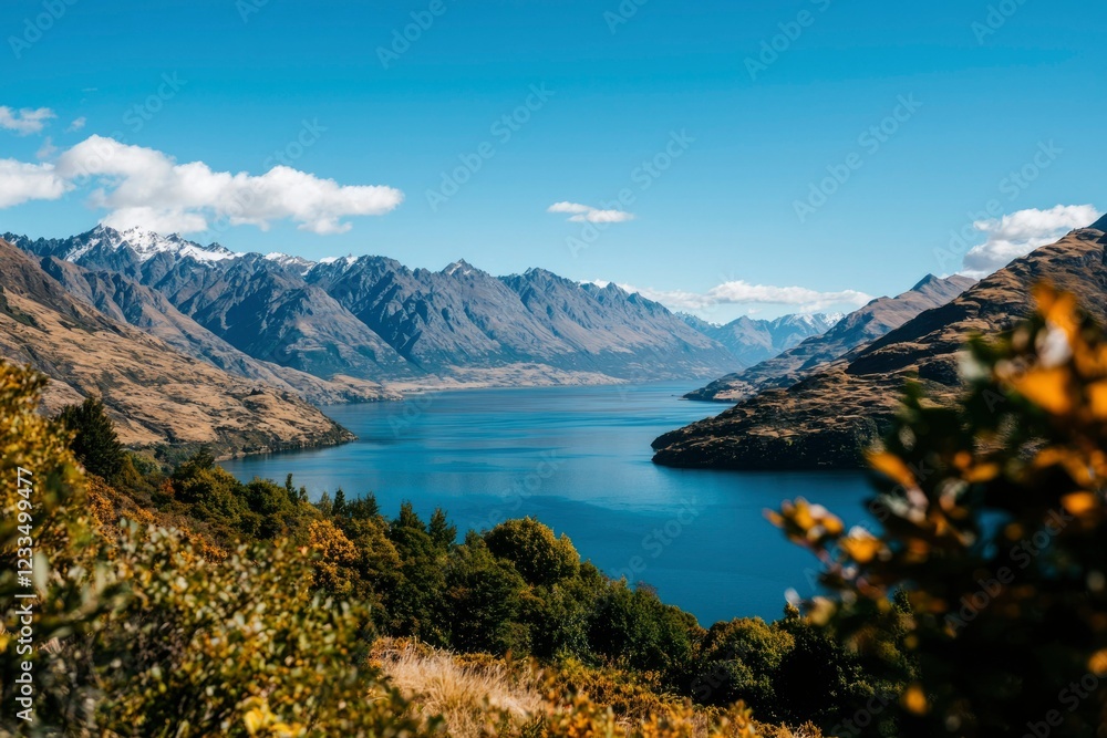 Obraz premium Majestic Mountains Encircling A Serene Turquoise Lake
