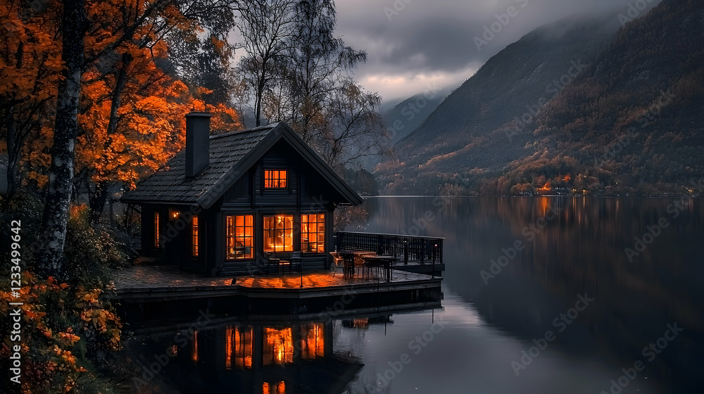 Fototapeta premium Cozy cabin lake autumn mountains evening tranquility