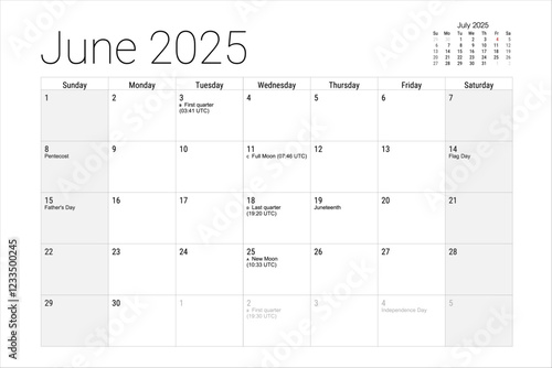 June 2025 Calendar Monthly Planner Holidays Moon Phases Printable