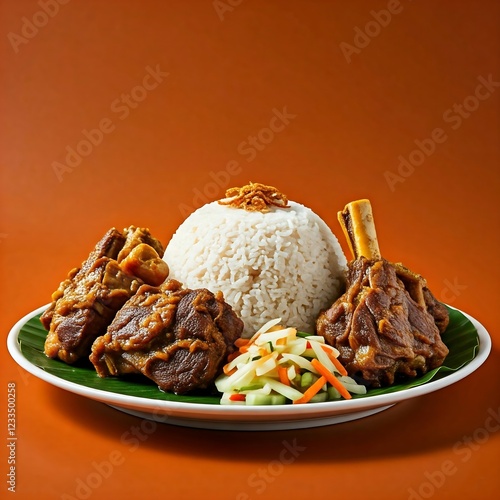 Nasi Kebuli Iga Kambing, Spice Arabian Rice with Clove, Cinnamon, and Garlic. photo