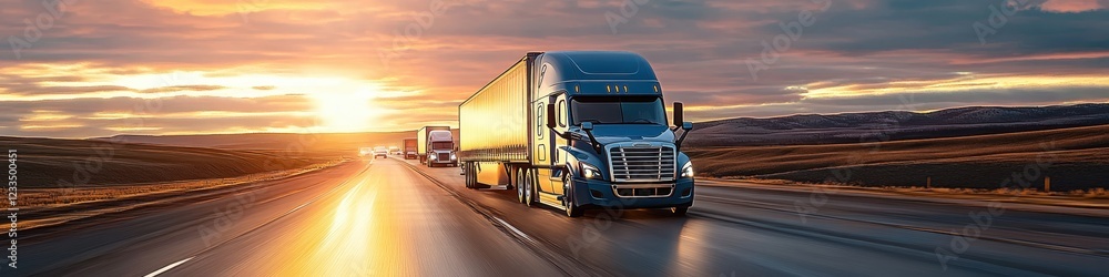 Sunset highway, long straight road, semi-truck driving, golden hour light, dramatic sky, vast open landscape, empty desert, vibrant orange glow, cinematic scene, wide angle view, transportation indust Sunset highway, long straight road, semi-truck driving, golden hour light, dramatic sky, vast open landscape, empty desert, vibrant orange glow, cinematic scene, wide angle view, transportation indust