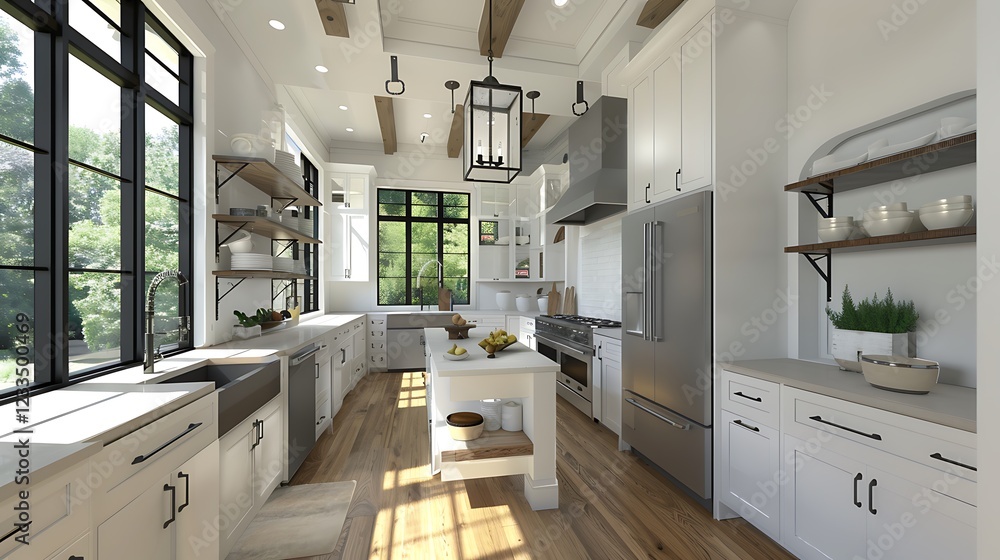 A bright and airy modern kitchen with open shelving, stainless steel appliances, and a spacious layout A bright and airy modern kitchen with open shelving, stainless steel appliances, and a spacious layout
