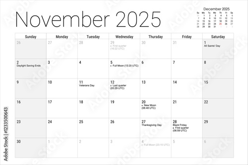 November 2025 Calendar Monthly Planner Holidays Phases of the Moon Thanksgiving