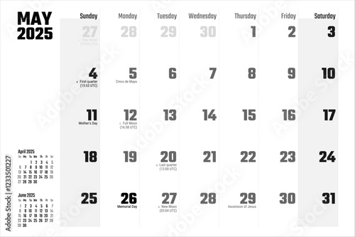 2025 May Calendar Monthly Planner Mother s Day Memorial Day Full Moon Phases