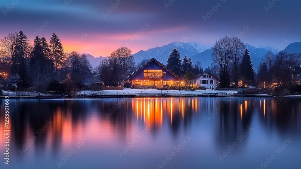 Fototapeta premium Lakeside House Sunset Reflection Winter Mountains