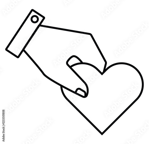 Black and white line icon of a hand holding a heart, symbolizing care, love, and support. Vector illustration eps 10.