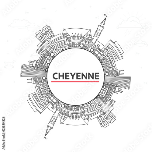 Outline Cheyenne Wyoming City Skyline with Modern Buildings and copy space Isolated on White. Cheyenne USA Cityscape with Landmarks.