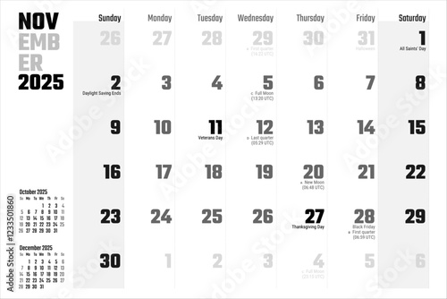 November 2025 Calendar Monthly Planner Holidays Moon Phases Thanksgiving