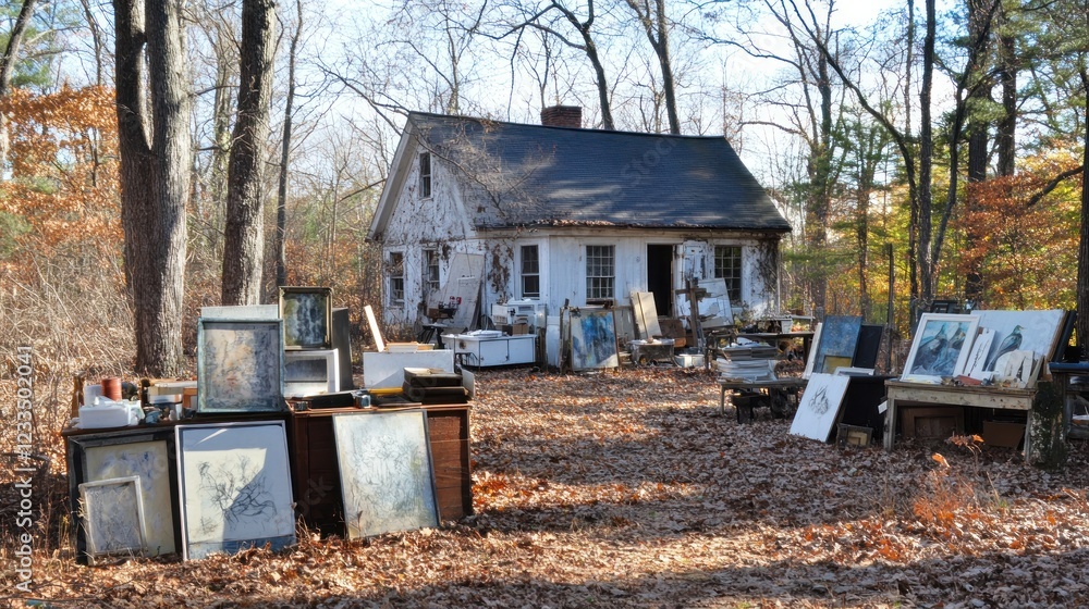Autumnal Art Studio Sale: Paintings and Sculptures in Rustic Setting Autumnal Art Studio Sale: Paintings and Sculptures in Rustic Setting