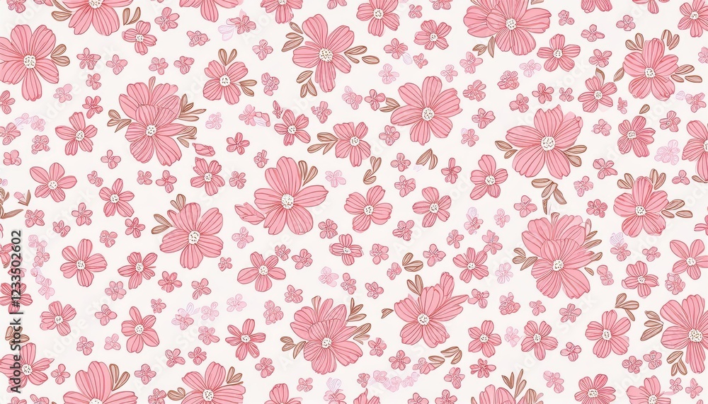 Enchanting Seamless Floral Pattern Showcasing a Delicate Blush of Rose Petals in a Ditsy Background, Ideal for Digital Art and Home Decor. Enchanting Seamless Floral Pattern Showcasing a Delicate Blush of Rose Petals in a Ditsy Background, Ideal for Digital Art and Home Decor.