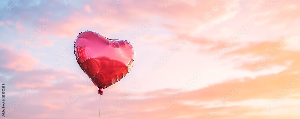 Obraz premium A heart-shaped balloon floats against a colorful sunset sky, symbolizing love and joy.