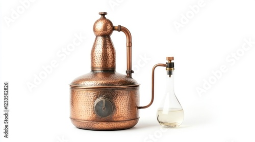 Steaming copper alembic distiller isolated on white background product photography studio setting close-up distillation process