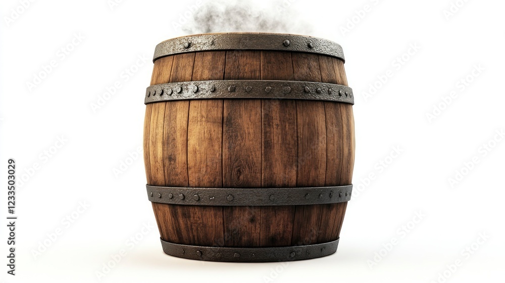 Steaming wooden barrel with iron bands isolated on white background high-resolution conceptual photography Steaming wooden barrel with iron bands isolated on white background high-resolution conceptual photography