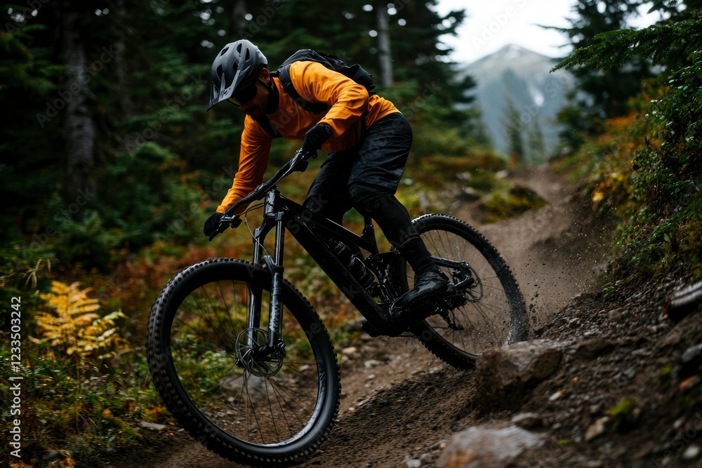 Mountain biker rides through a forest trail Mountain biker rides through a forest trail
