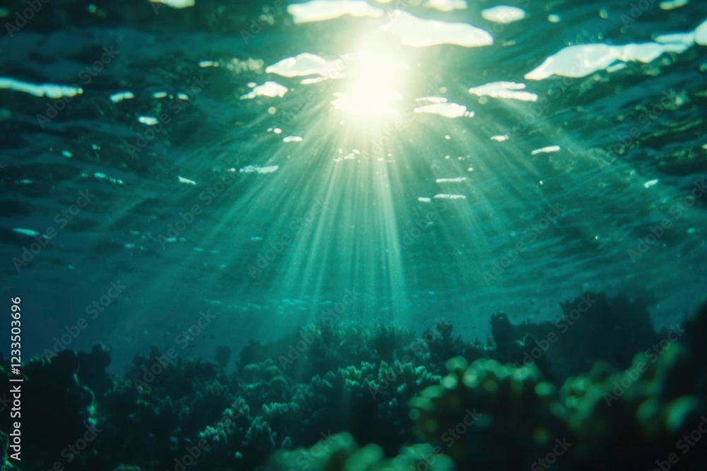 Sunbeams Illuminate Underwater Coral Reef Scene Sunbeams Illuminate Underwater Coral Reef Scene
