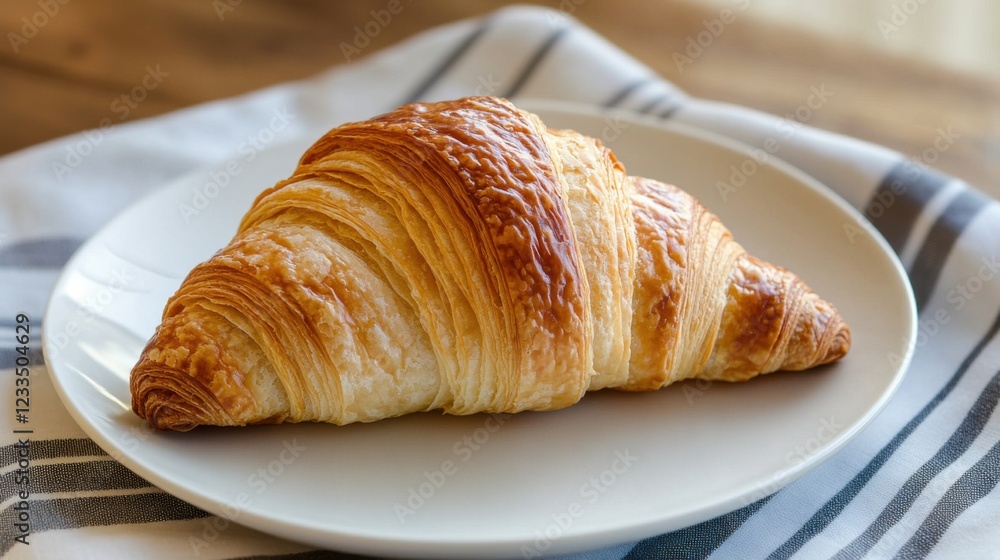 A warm and flaky croissant with a golden-brown exterior and soft buttery layers inside, placed on a plain white plate, Croissant centered with a slightly angled perspective A warm and flaky croissant with a golden-brown exterior and soft buttery layers inside, placed on a plain white plate, Croissant centered with a slightly angled perspective