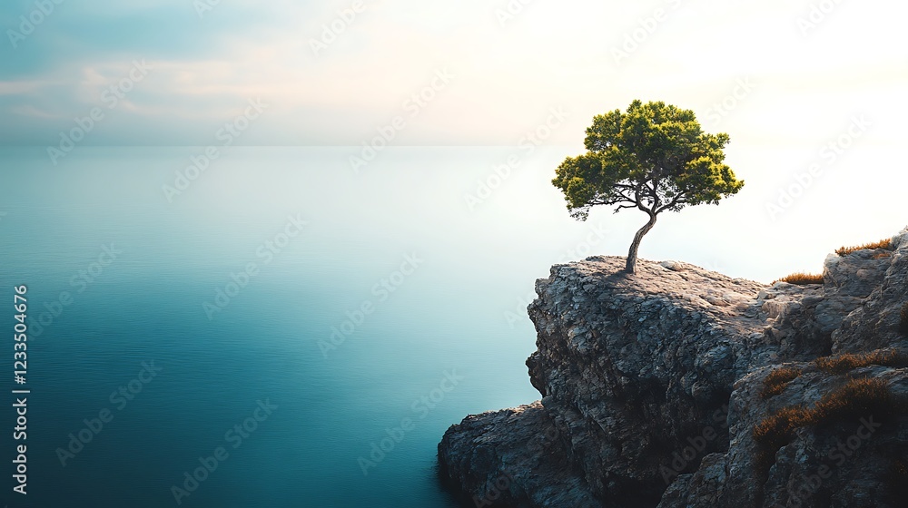 A solitary tree stands on a rocky cliff overlooking a tranquil sea under a soft sky. A solitary tree stands on a rocky cliff overlooking a tranquil sea under a soft sky.
