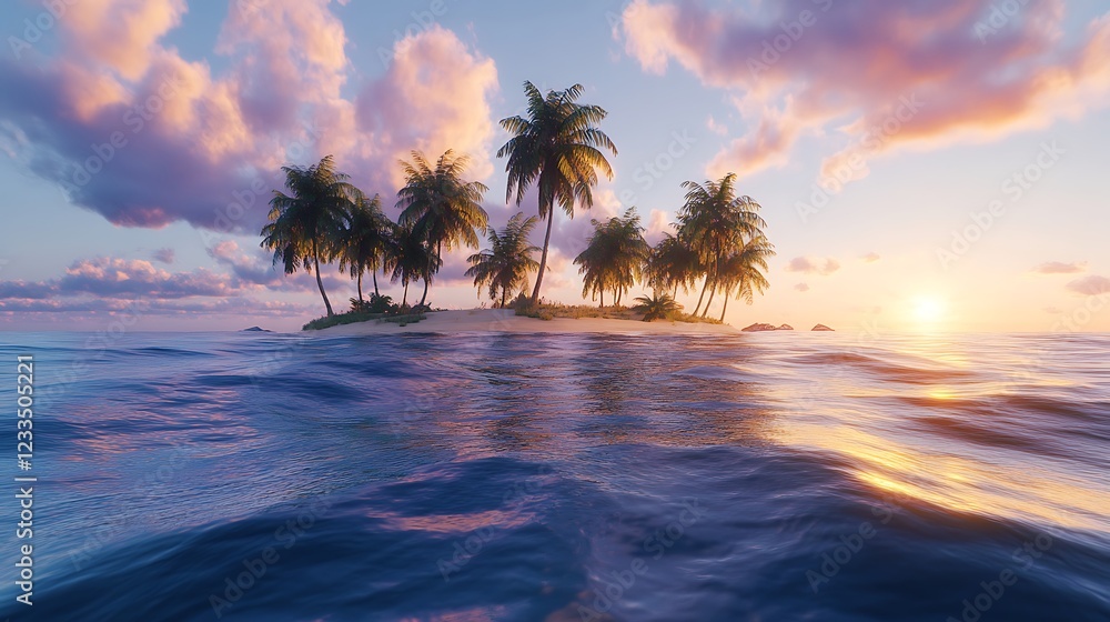 Fototapeta premium A tranquil tropical island at sunset, surrounded by calm waters and palm trees.