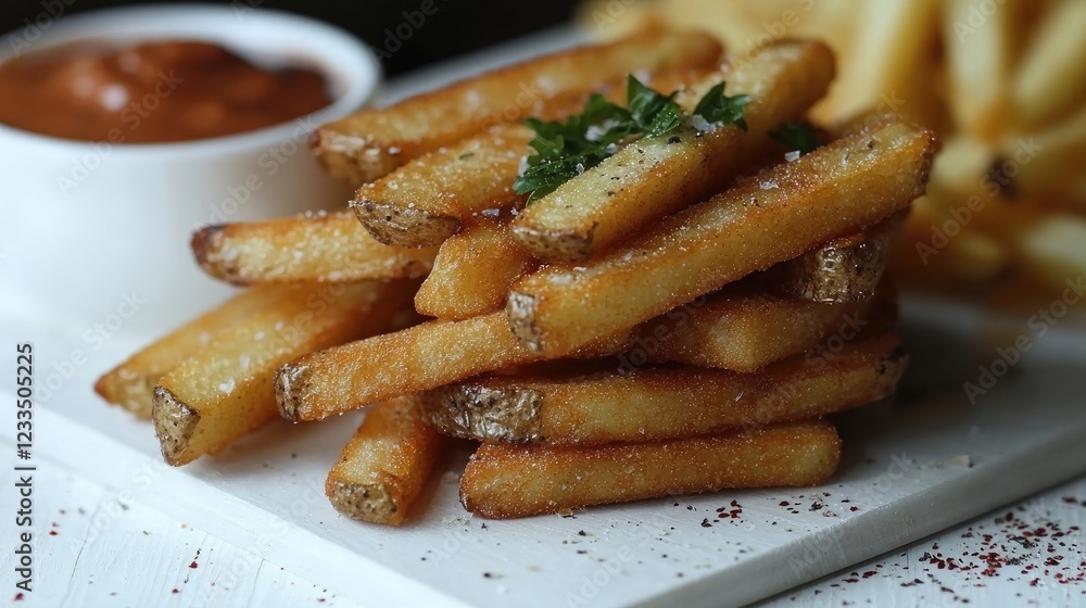 Crispy golden fries stacked on a wooden board with dipping sauce and garnish Crispy golden fries stacked on a wooden board with dipping sauce and garnish