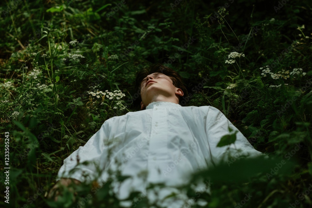 Young Man Asleep Amidst Wildflowers In Lush Green Field Young Man Asleep Amidst Wildflowers In Lush Green Field