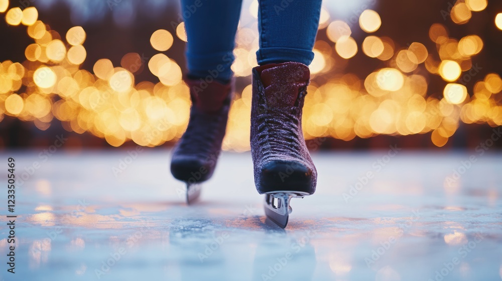 Fototapeta premium Closeup of skater feet in ice-skating boots shoes with blade on ice surface.