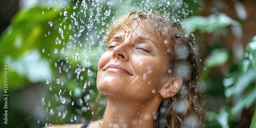 Obraz premium Woman enjoying rain shower, lush garden background, refreshing summer day, spa relaxation