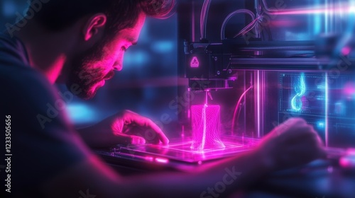 A professional designing a 3D-printed product in a minimalist tech lab with glowing machines photo