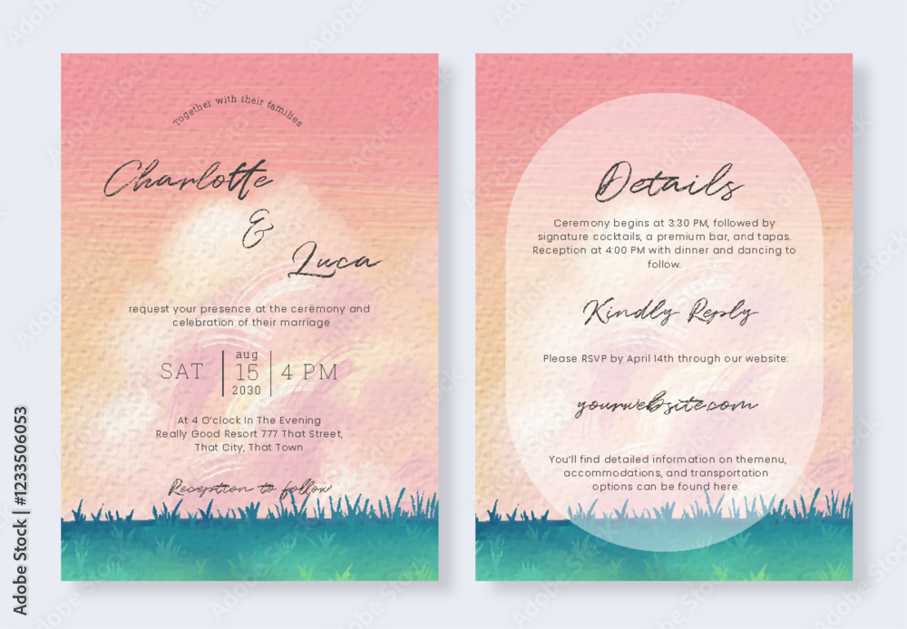 Obraz premium Watercolor Flower Field Wedding Card Set Elegant Nature Scene For Rustic Wedding