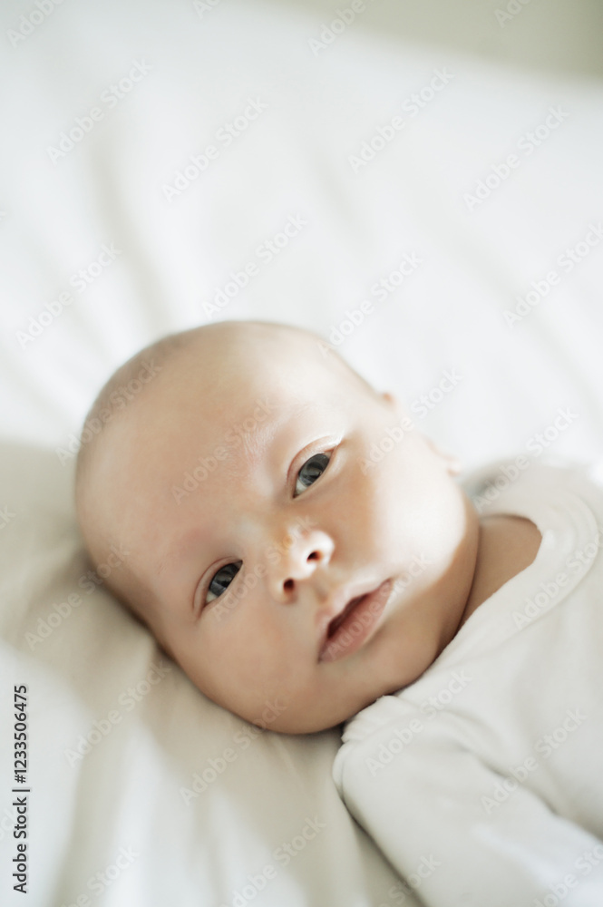 Face of baby lying on bed in room, house and home for comfortable lifestyle, childcare or infant babies. Cute little newborn kids relax in bedroom nursery for healthy development, growth or calm rest Face of baby lying on bed in room, house and home for comfortable lifestyle, childcare or infant babies. Cute little newborn kids relax in bedroom nursery for healthy development, growth or calm rest