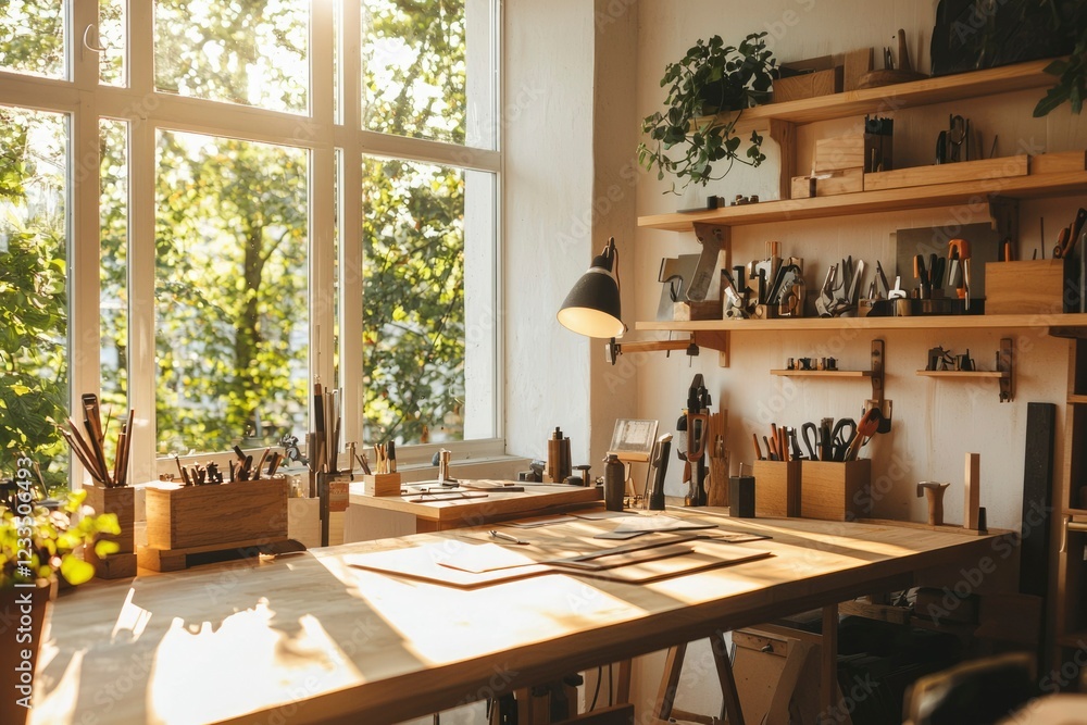 Obraz premium Sunlit Artisans Workshop With Tools And Wood