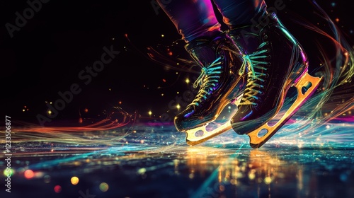 Closeup of glowing skater feet in ice-skating boots shoes with blade on ice surface.