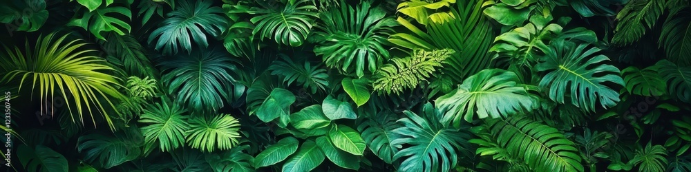 Lush tropical foliage, dense jungle canopy, vibrant green monstera leaves, philodendron plants, exotic rainforest flora, dark mysterious undergrowth, botanical paradise, natural texture, jungle panora Lush tropical foliage, dense jungle canopy, vibrant green monstera leaves, philodendron plants, exotic rainforest flora, dark mysterious undergrowth, botanical paradise, natural texture, jungle panora