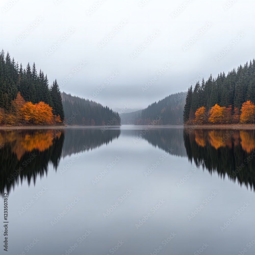 Obraz premium Quiet Autumn Landscape with Lake and Forest Reflecting in Still Water under Foggy Sky
