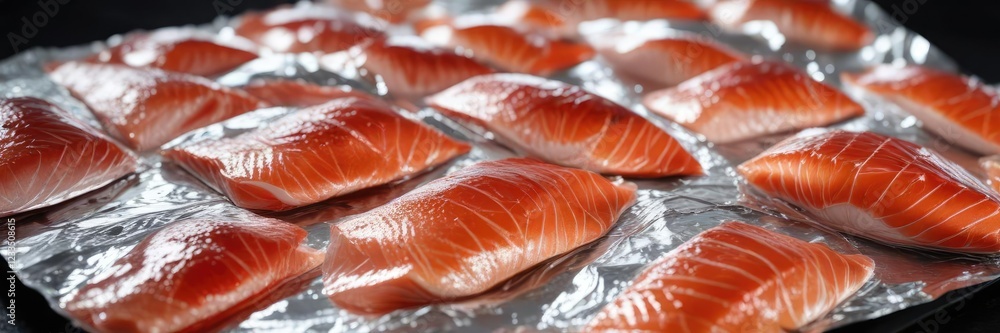 Raw fish fillet wrapped in thin aluminum foil, seafood processing, aluminum wrapped fish, kitchenware Raw fish fillet wrapped in thin aluminum foil, seafood processing, aluminum wrapped fish, kitchenware