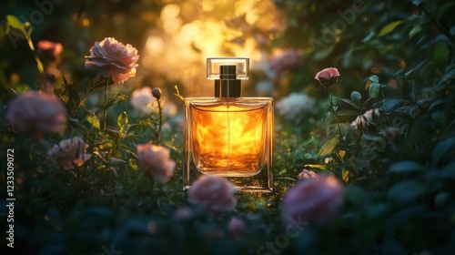 Golden Perfume Bottle Amidst Blooming Roses at Sunset