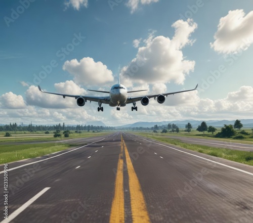 plane landing on runway with green land and blue sky, aviation, aircraft, landscape