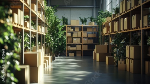 Sunlit warehouse with plants and boxes. (1)