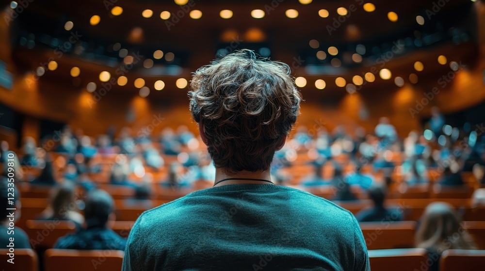 Audience view of a speaker in a well-lit auditorium. Audience view of a speaker in a well-lit auditorium.