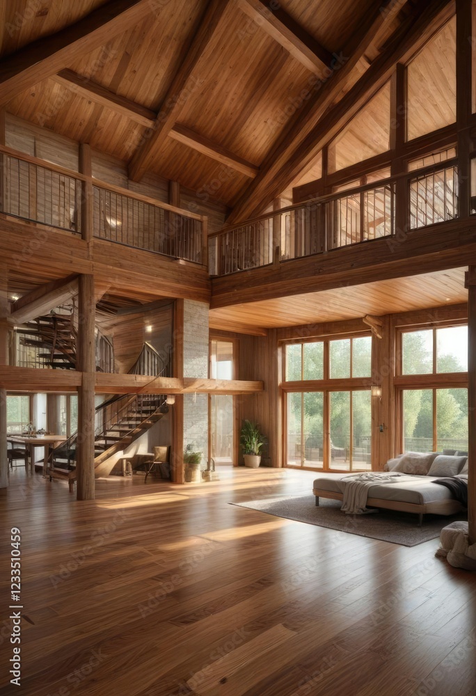 Spacious wooden house interior with balcony, four bedrooms, three bathrooms, house, bathrooms Spacious wooden house interior with balcony, four bedrooms, three bathrooms, house, bathrooms