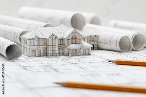 Architectural House Model with Blueprints and Pencils photo