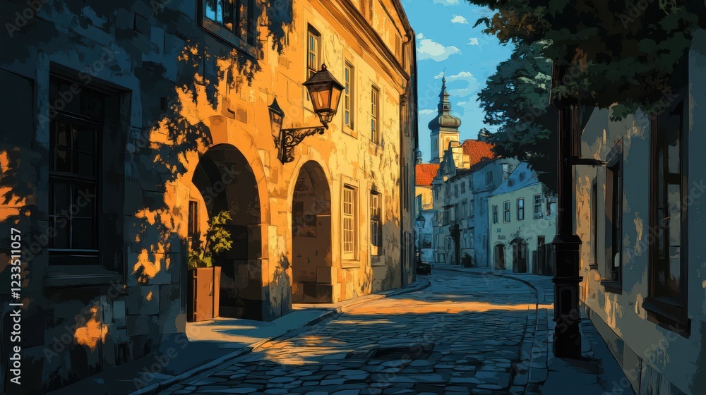 Obraz premium Sunrise cobblestone street, European city, church background, travel guide