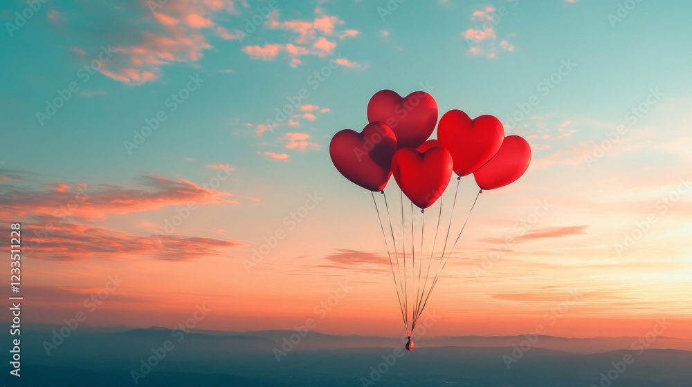 Obraz premium Red Heart Balloons Soaring Above Sunset Mountains