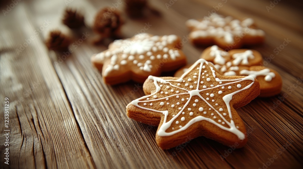 Fototapeta premium Star-shaped gingerbread cookies on wooden table, festive background. Use Christmas baking blogs, recipes