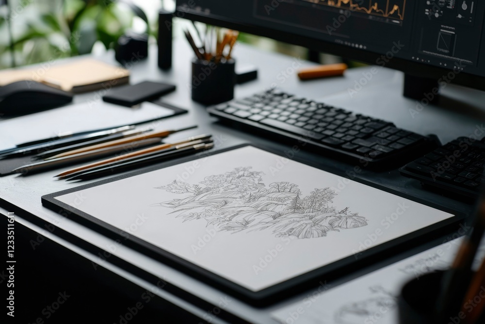 Obraz premium Artist Sketching Nature Landscape On Digital Drawing Pad