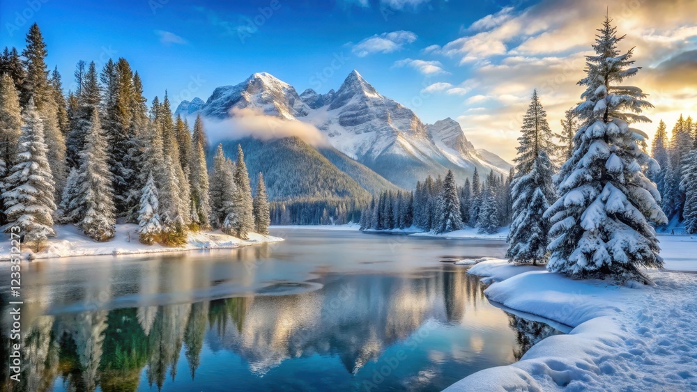 Snowy mountain landscape with frozen lake and evergreen trees in the foreground Snowy mountain landscape with frozen lake and evergreen trees in the foreground